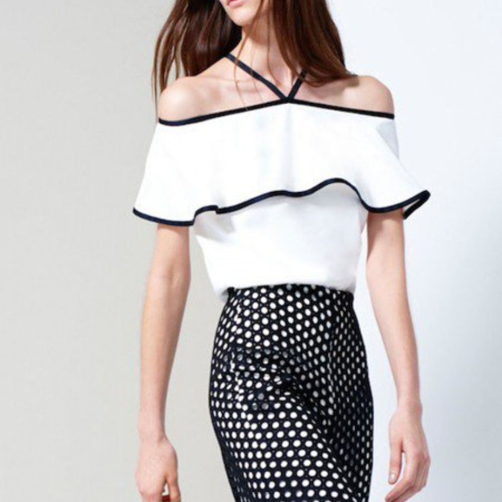 Alexis *Isa* black white off shoulder top w neck ties small
